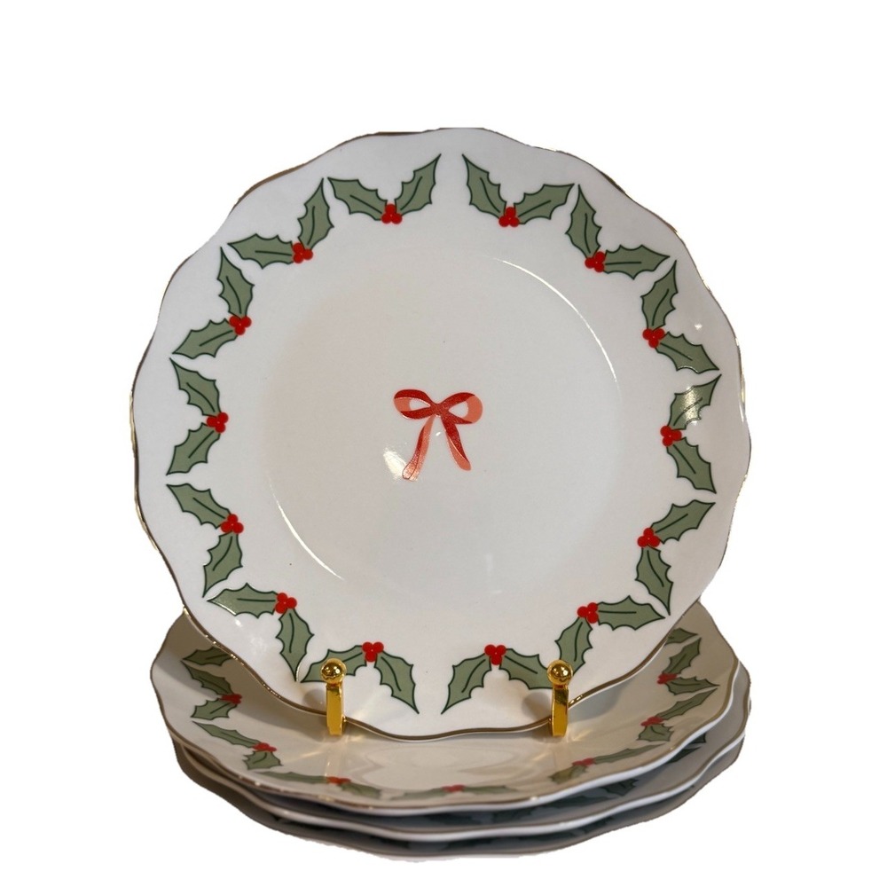 Godinger Set-4 Christmas Salad/Dessert Holly And Red Bow App Plates‎ Rare